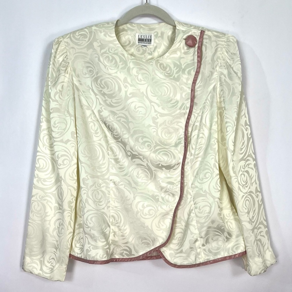 Leslie Fay Petite Vintage Ivory Cream Rose Silky Button Snap Up Blouse sz 12